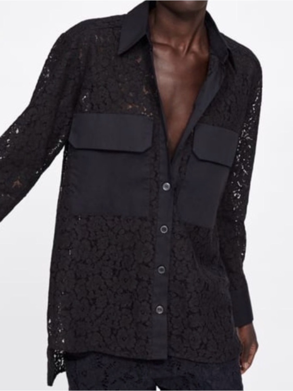 Zara black Lace button-up hi-low shirt with patch pockets